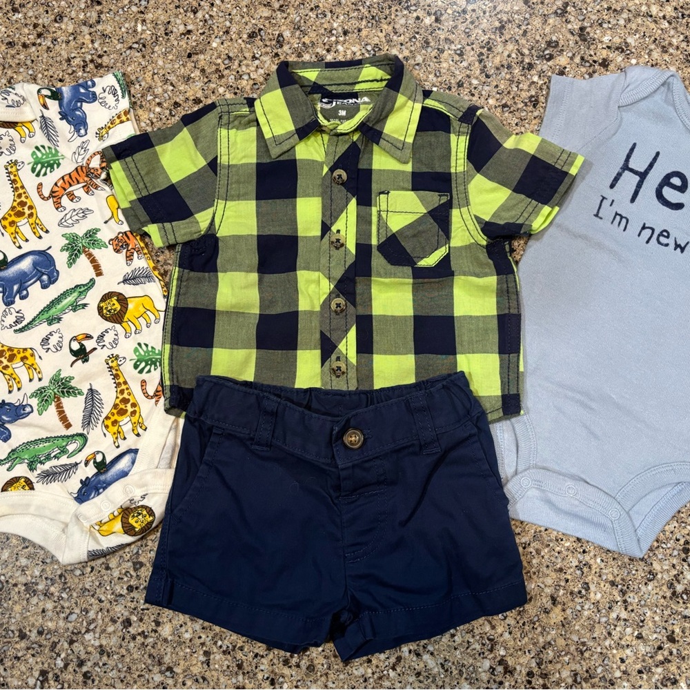 Vibrant Green and Navy Plaid Shirt w/ Navy shorts and 2 body suits. 3/6 Months